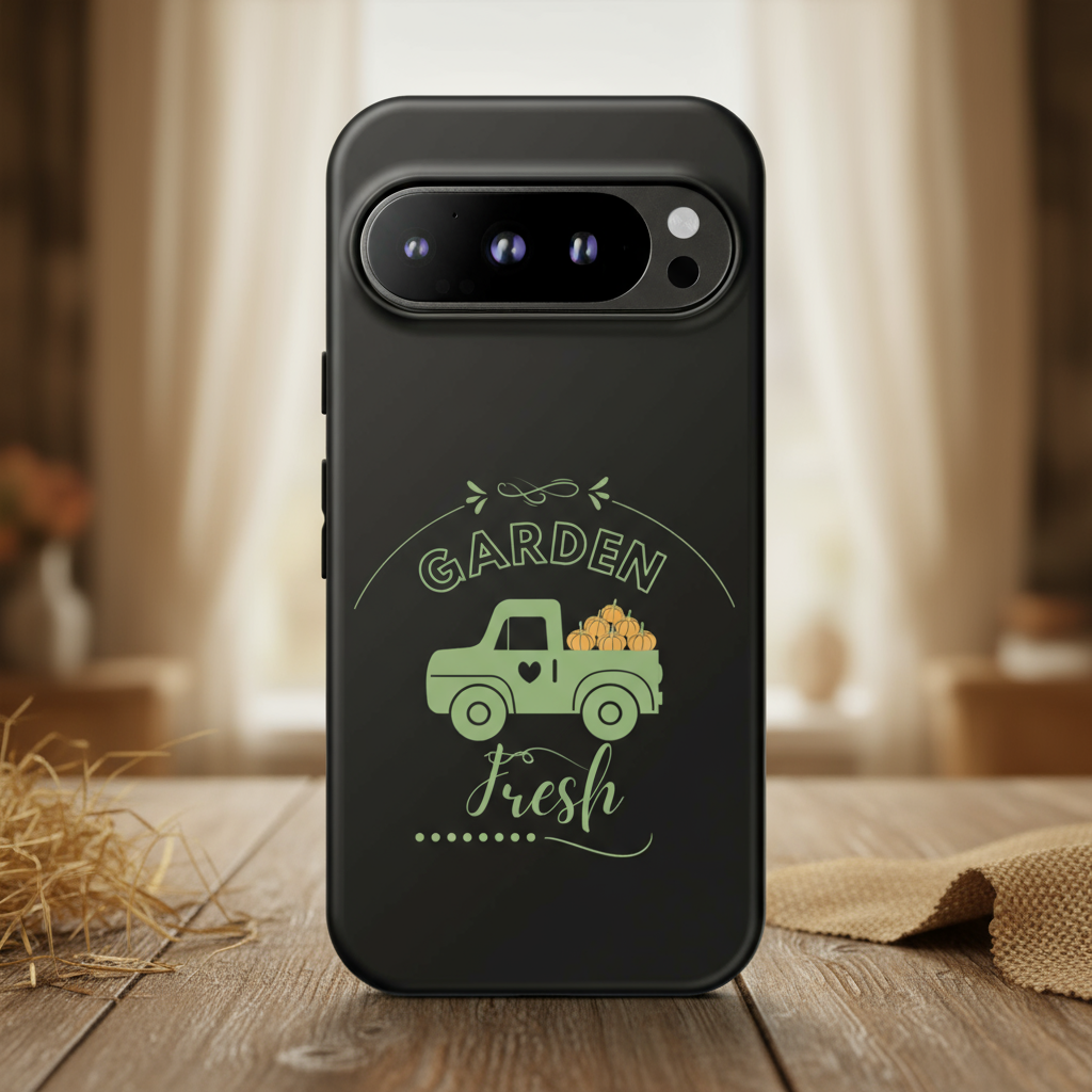 Black phone case with green truck and 'Garden Fresh' text on a wooden surface.