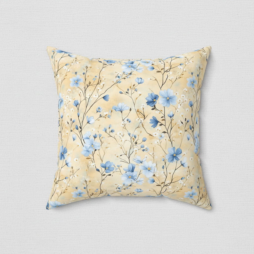 Decorative pillow with blue floral pattern on a beige background