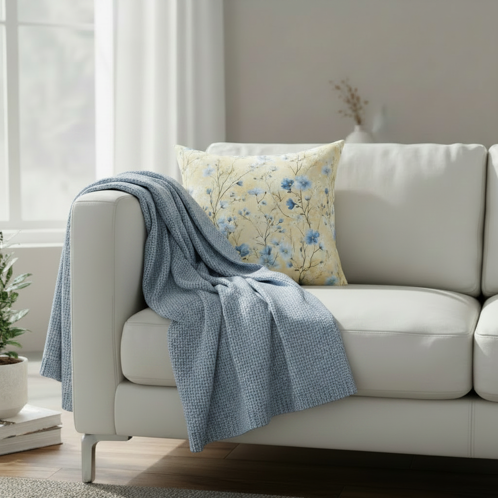 Light gray sofa with a blue throw blanket and floral pillow in a bright room.