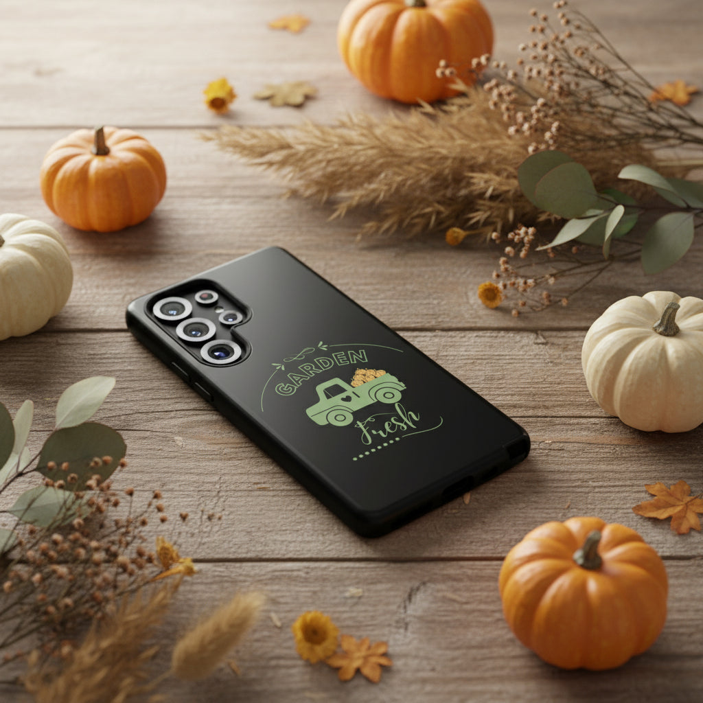 Black phone case with a green truck and 'Garden Fresh' text on a white background