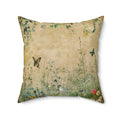 Decorative pillow with nature-themed design featuring butterflies and plants on a beige background.