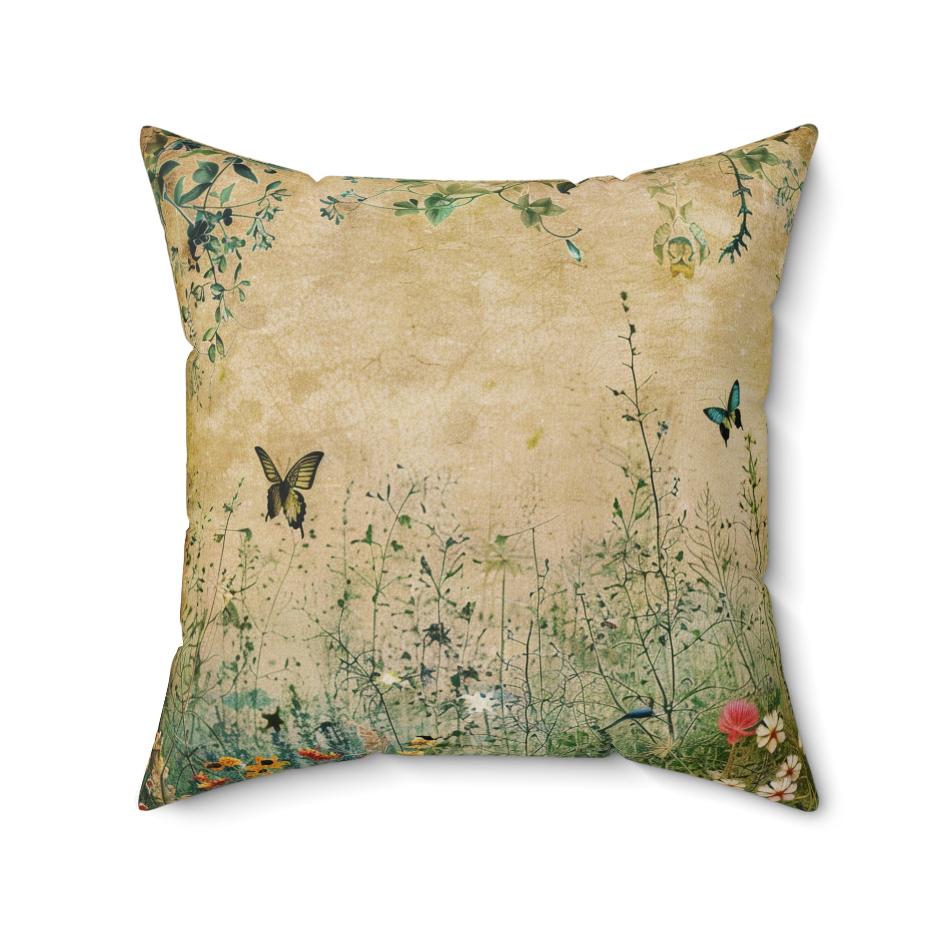 Decorative pillow with nature-themed design featuring butterflies and plants on a beige background.