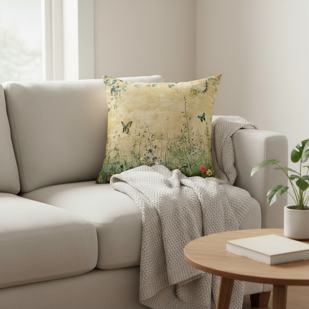 Decorative pillow with nature-themed design featuring butterflies and plants on a beige background.