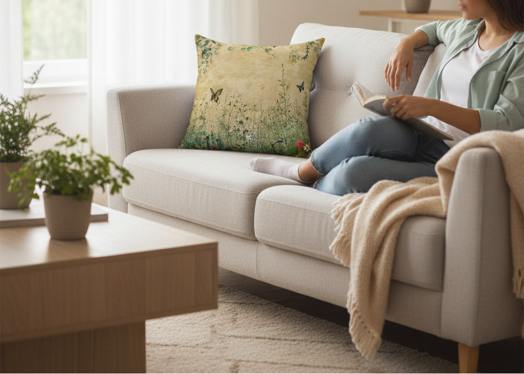 Woman sitting on a beige sofa with a decorative pillow and plants in a living room.