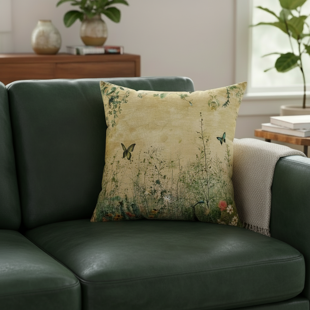 Decorative pillow with nature design on a green sofa in a living room setting.