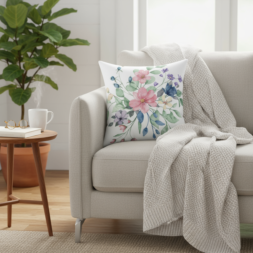 Floral pillow on a gray sofa with a plant and side table in the background