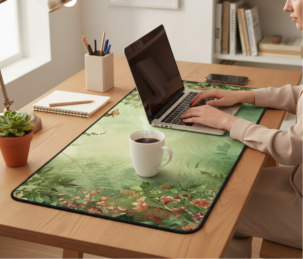 Person using a laptop on a desk with a floral mouse pad