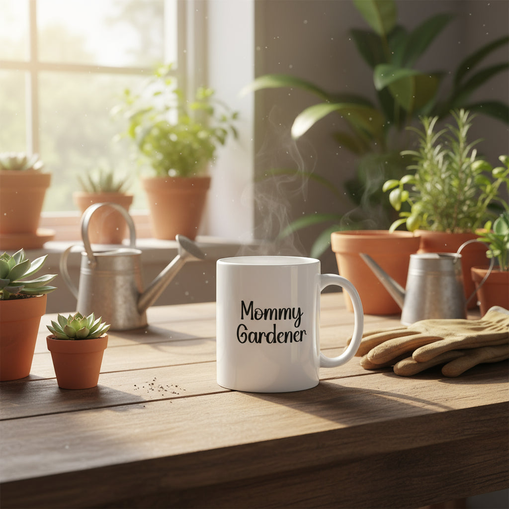 White mug with 'Mommy Gardener' text held by a hand with red nail polish on a white background