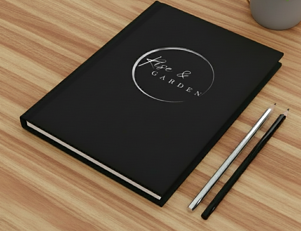 Black notebook with 'Rose & Garden' logo on a wooden surface with two pens.