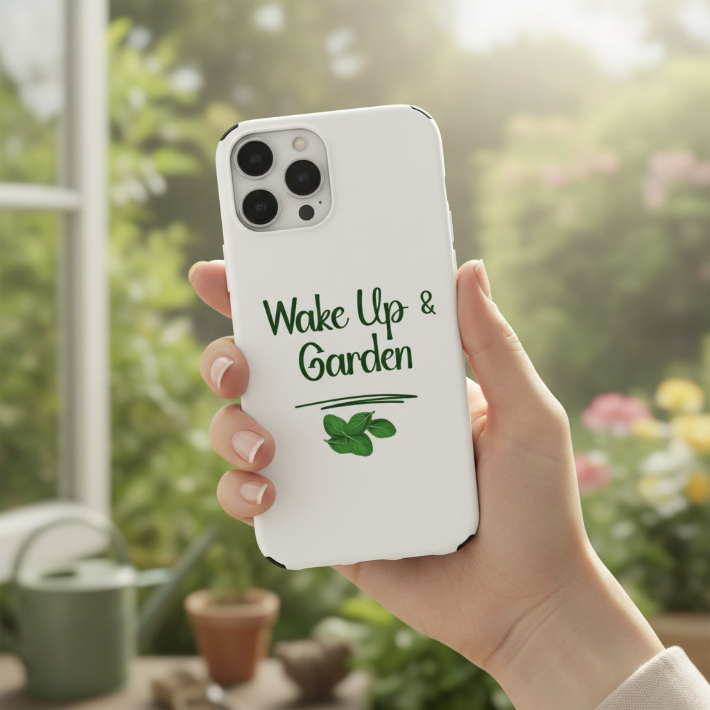 Phone case with 'Wake Up & Garden' text and leaf design on a white background