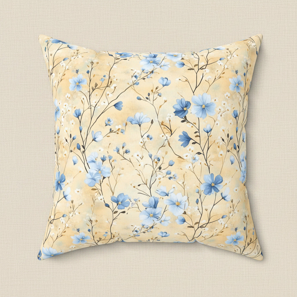 Floral-patterned pillow with blue flowers on a beige background