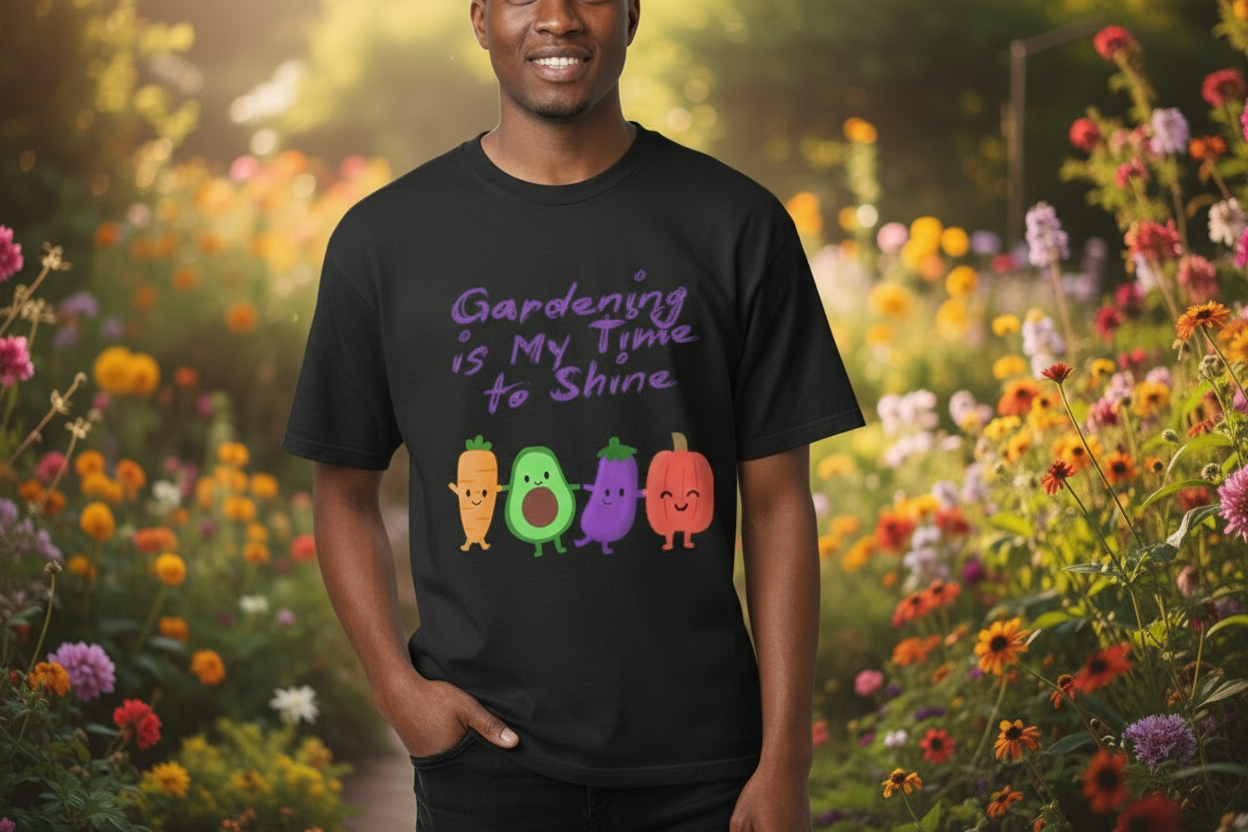 Person wearing a black sweatshirt with colorful vegetables and text in a garden setting