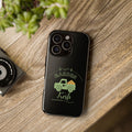 Phone case with 'Garden Fresh' design on a wooden surface