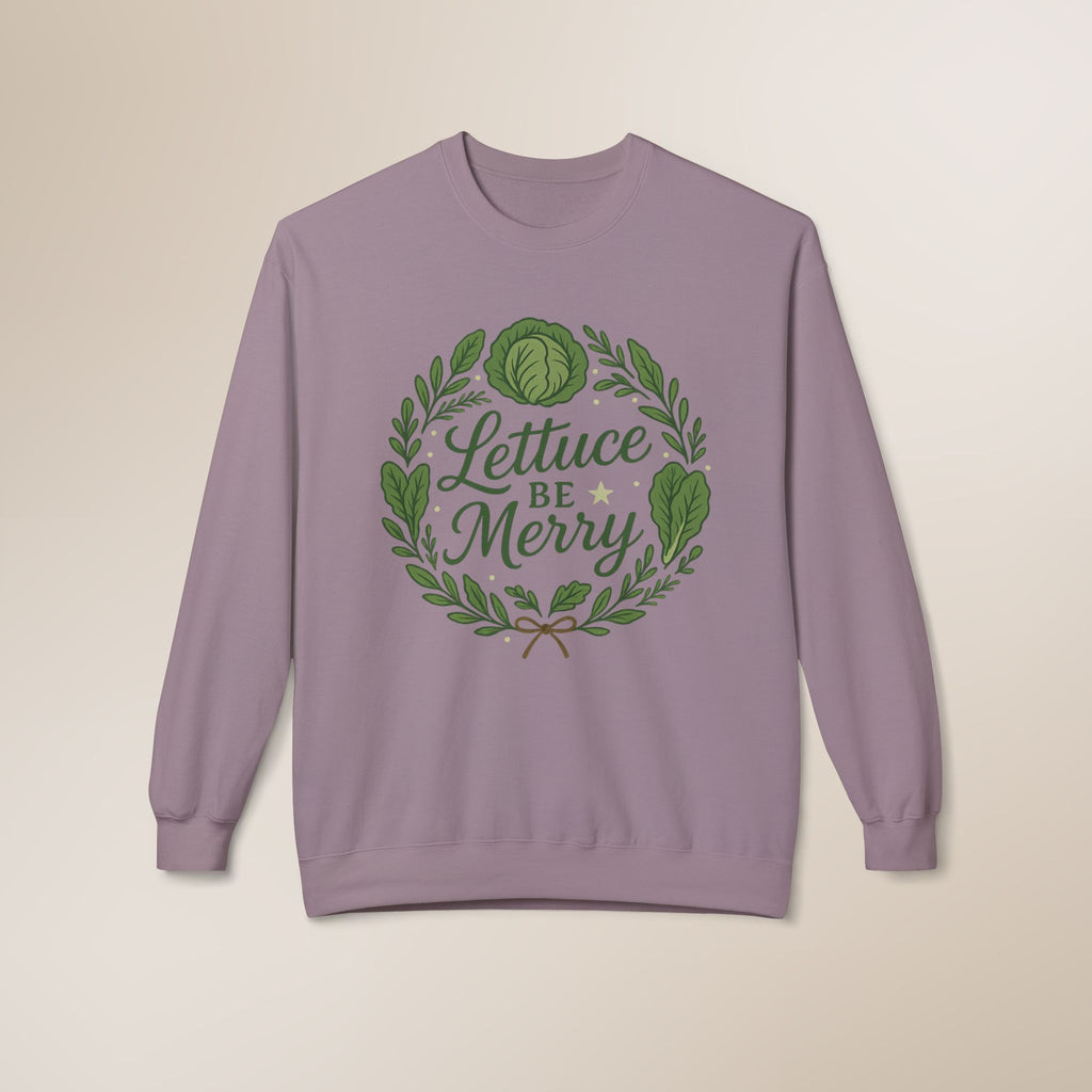 Purple sweatshirt with 'Lettuce Be Merry' design on a beige background