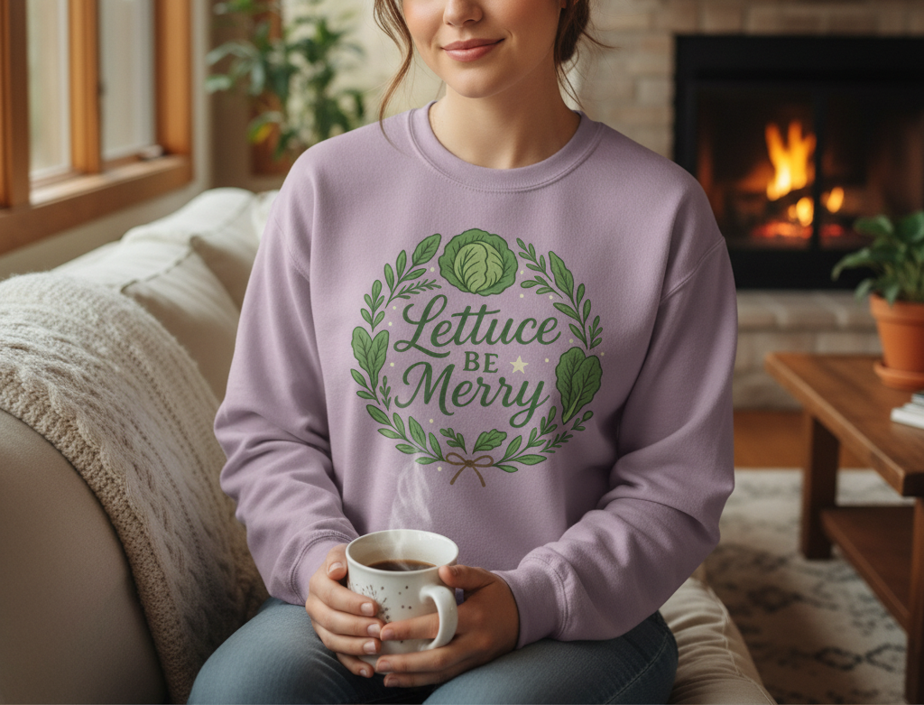 Person wearing a purple sweatshirt with 'Lettuce Be Merry' text, holding a mug in a cozy living room.