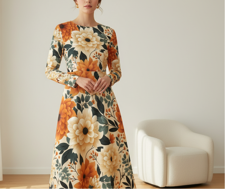 Woman wearing a floral dress in a room with a white chair.