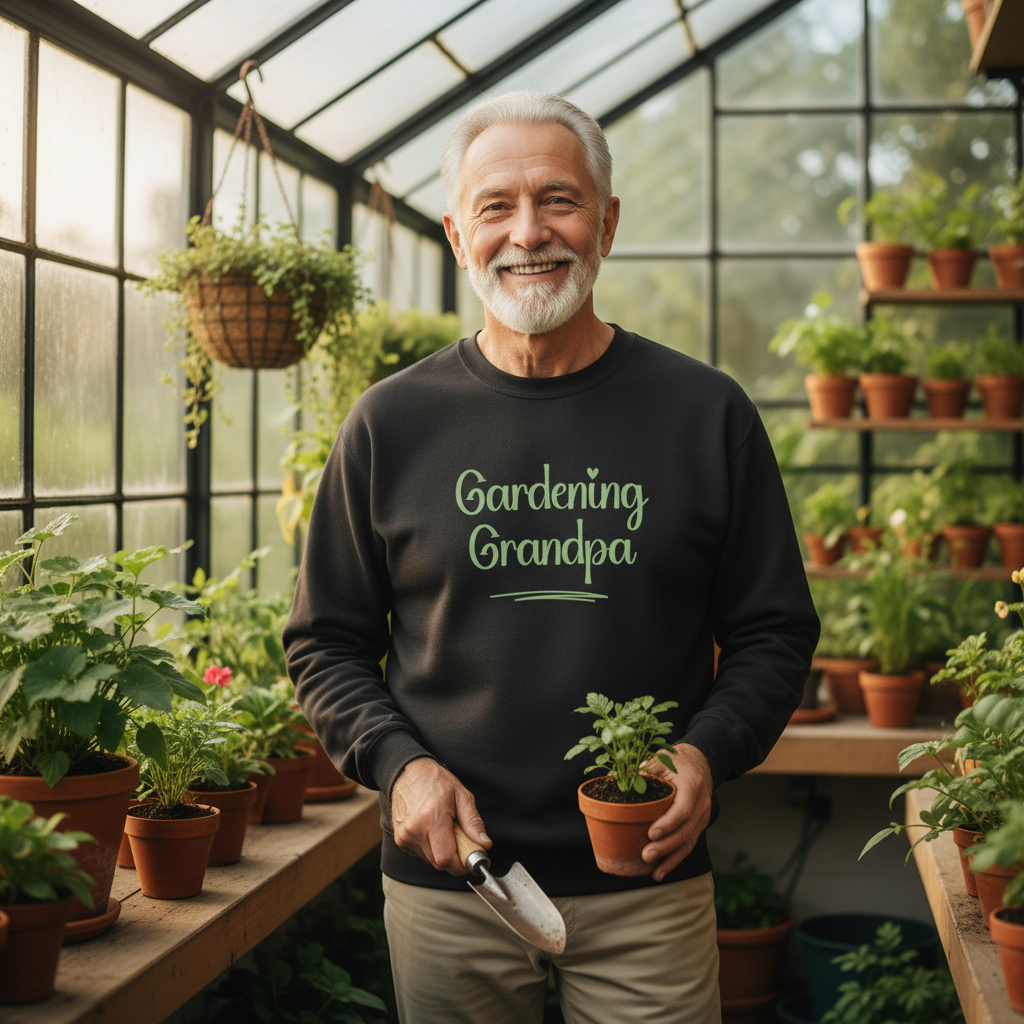 Man wearing a 'Gardening Grandpa' sweatshirt holding a potted plant in a greenhouse.
