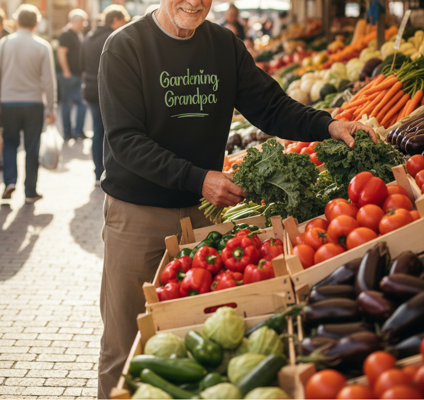 Man in a 'Gardening Grandpa' shirt at an outdoor market with vegetables.