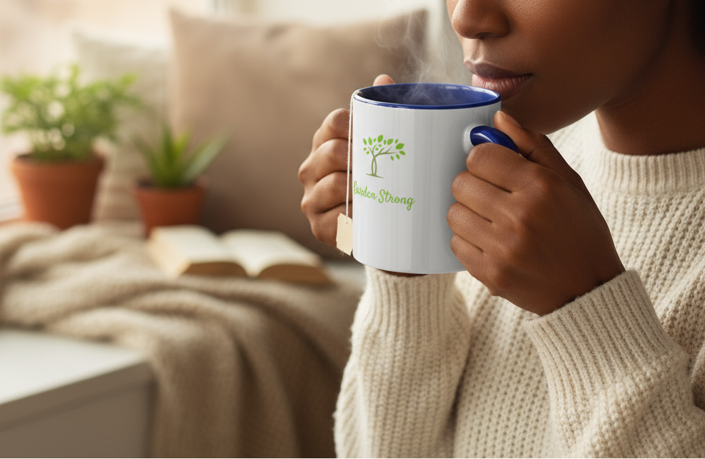 Person holding a mug with a visible brand logo in a cozy indoor setting