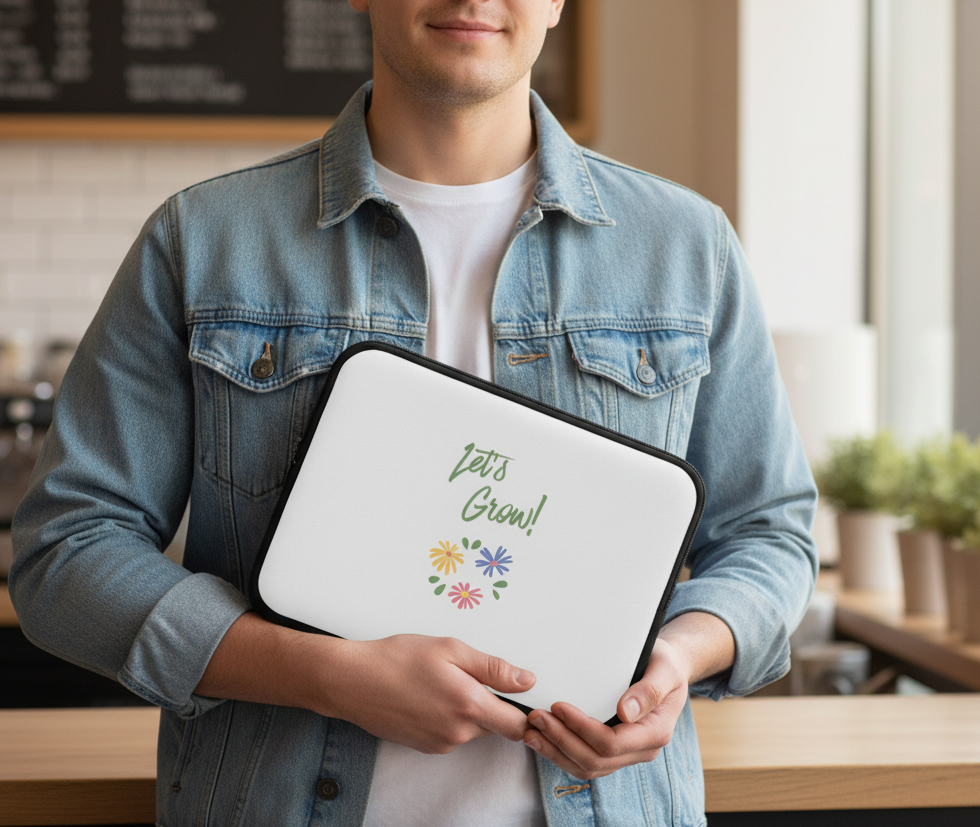Person holding a white laptop case with 'Let's Grow!' text and floral design in a casual setting.