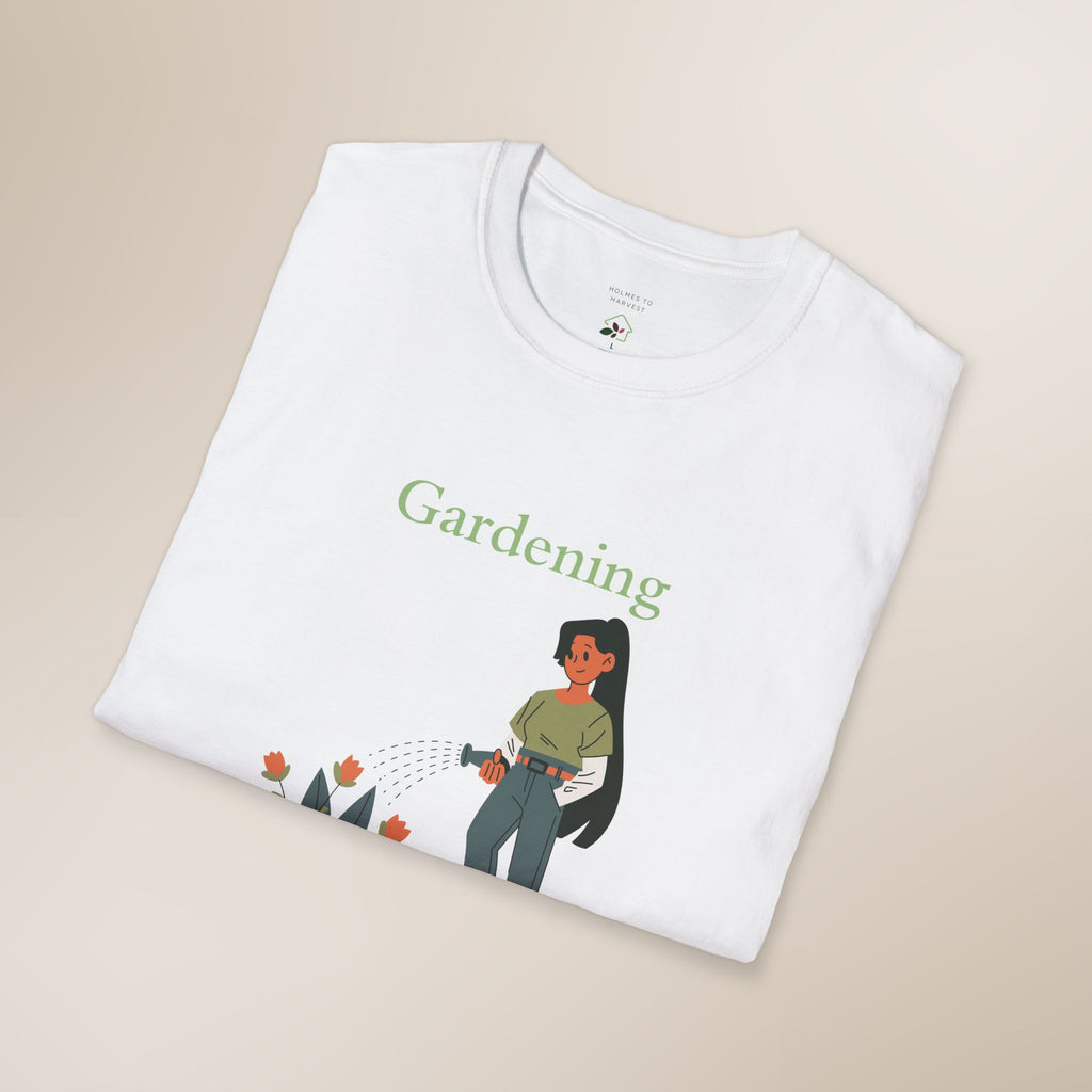 White t-shirt with a graphic of a person gardening and the word 'Gardening' on a beige background