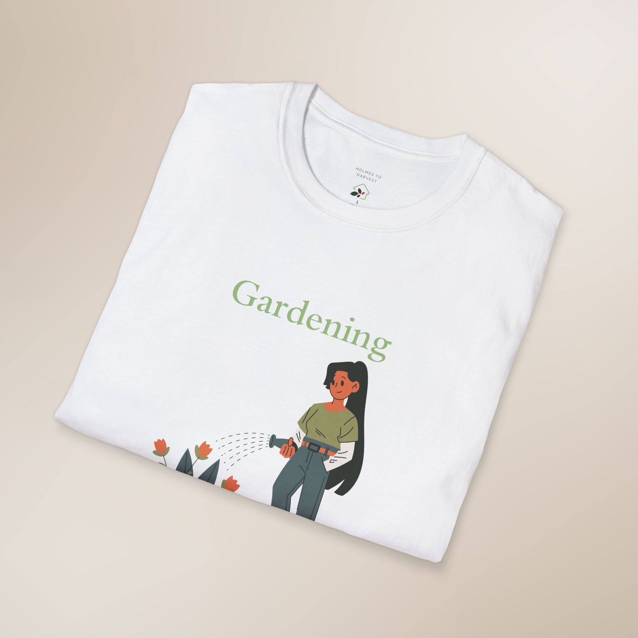 White t-shirt with a graphic of a person gardening and the word 'Gardening' on a beige background