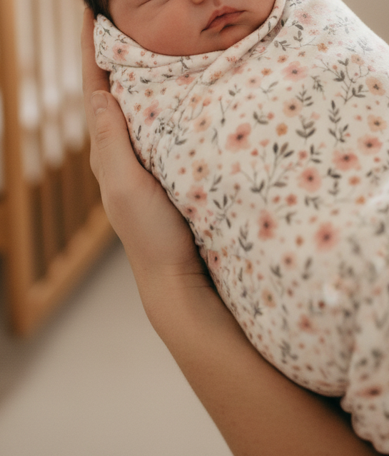 Newborn baby wrapped in a floral swaddle blanket held by an adult.