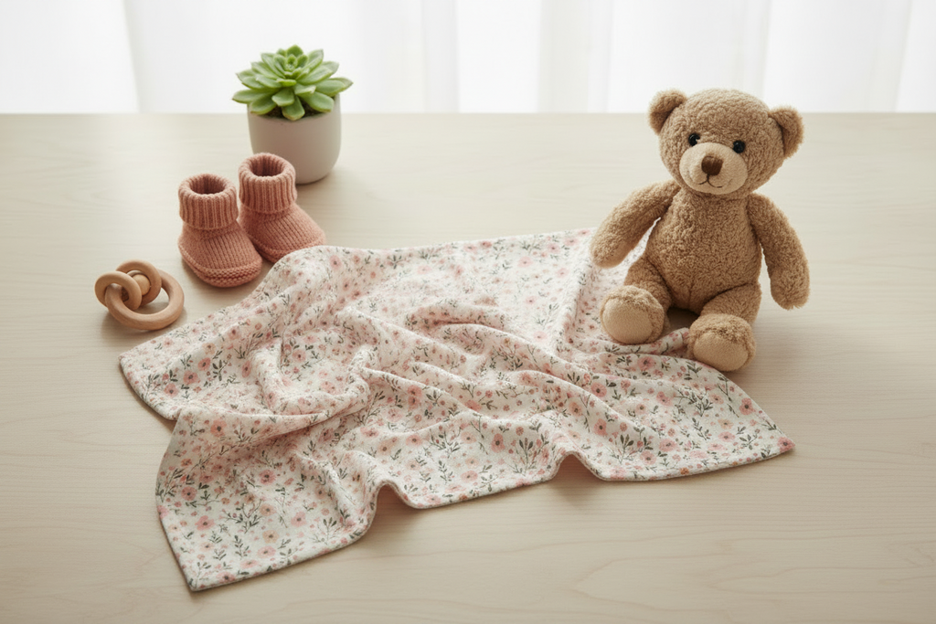 Floral blanket with a teddy bear, pink boots, and wooden toy on a light surface.