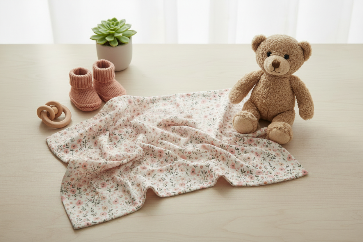 Floral blanket with a teddy bear, pink boots, and wooden toy on a light surface.