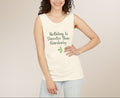 Woman wearing a cream tank top with text on a beige background