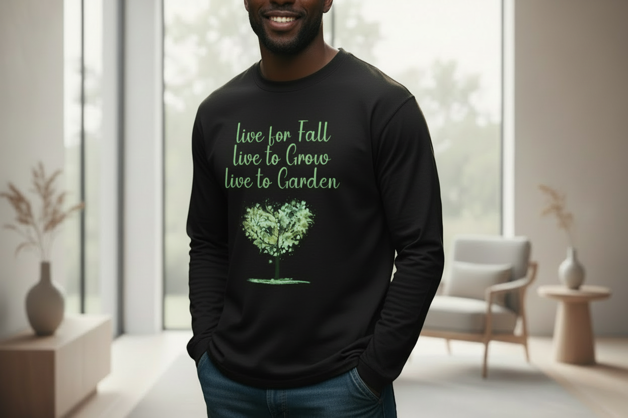Person wearing a black sweatshirt with green text and design in a modern living room.