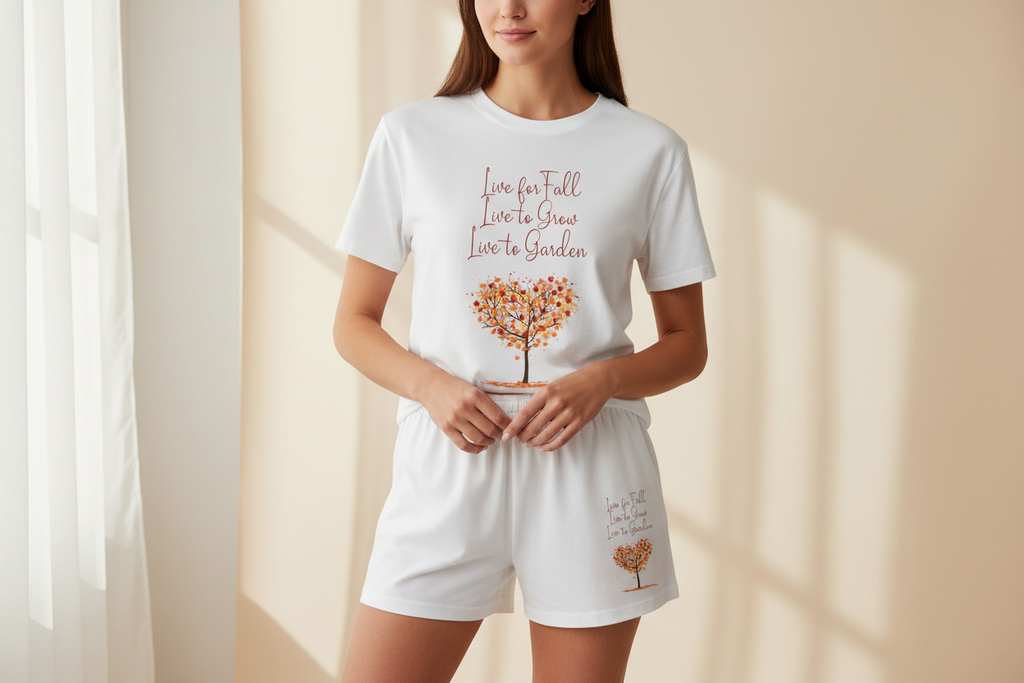 Person wearing a white t-shirt and shorts set with a tree design and text.