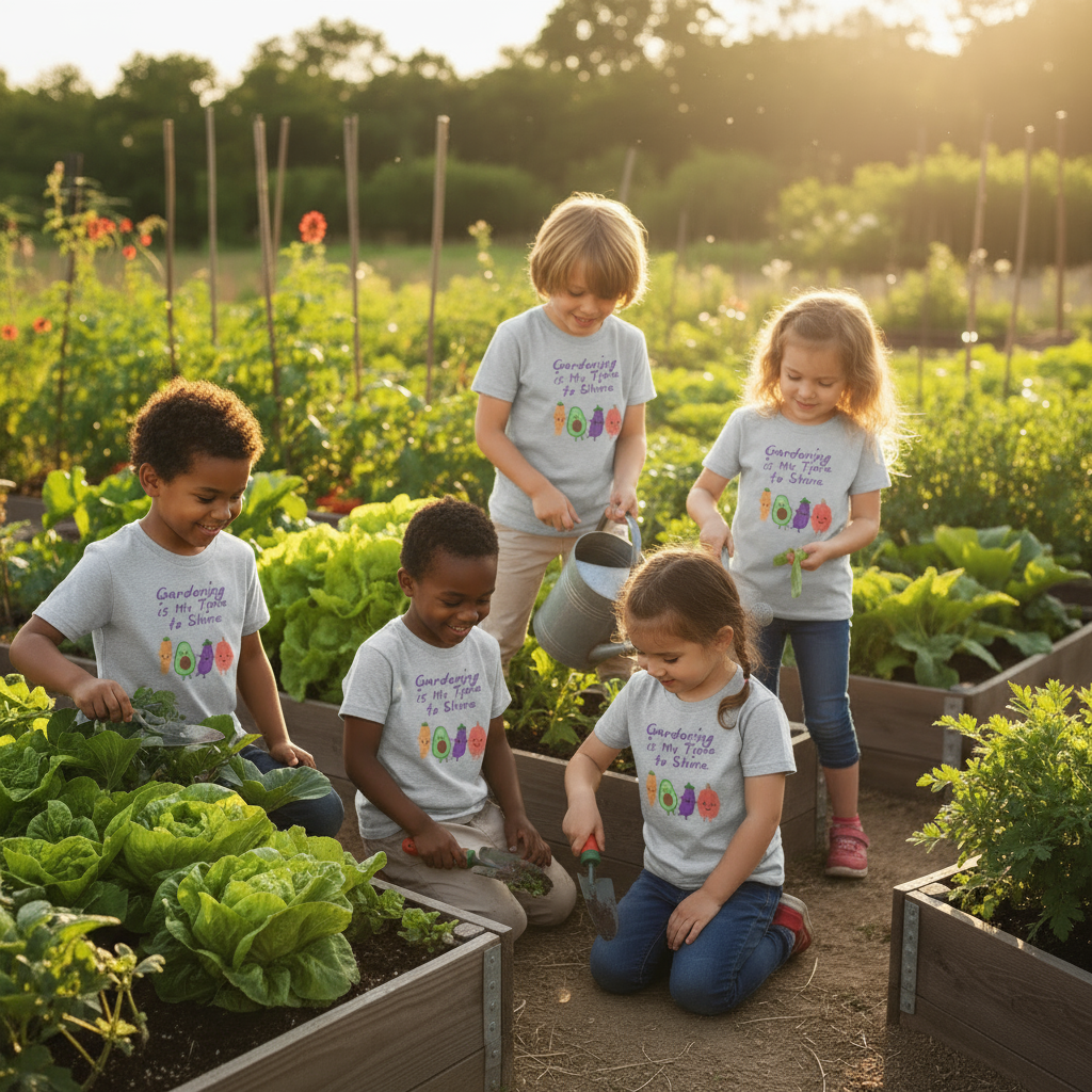 Children gardening in a community garden with plants and tools.