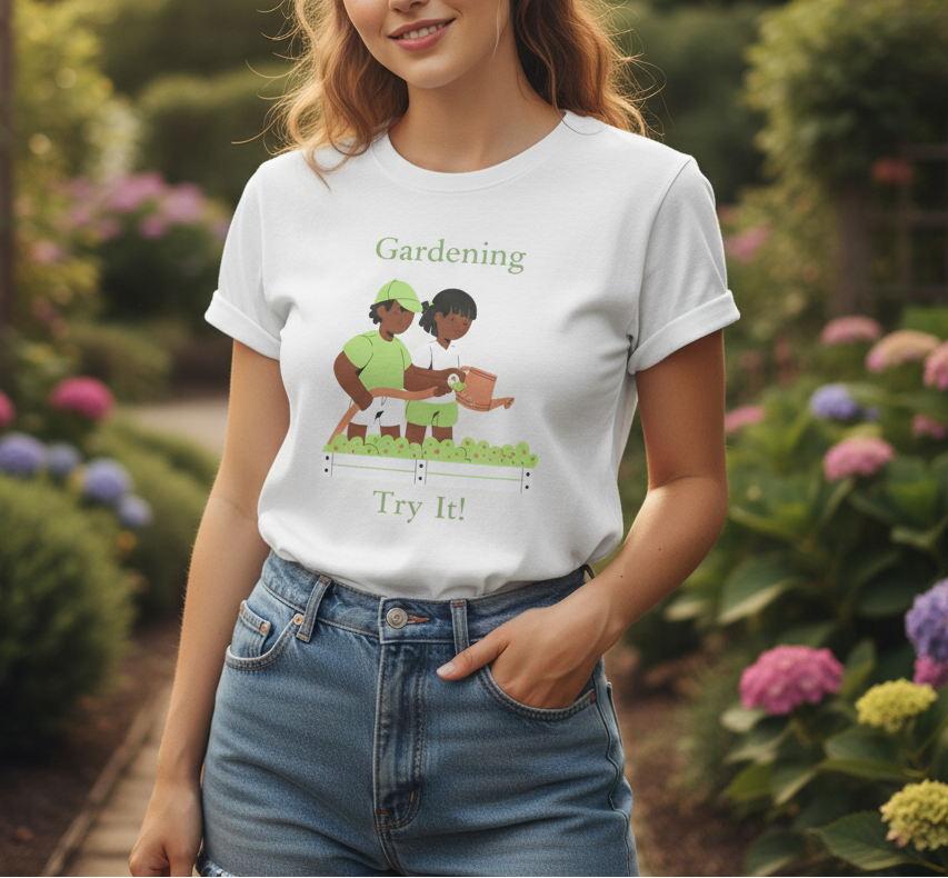 Person wearing a white t-shirt with a graphic of two people gardening and text 'Gardening Try It!' in a garden setting.