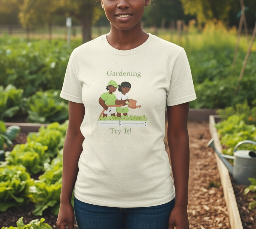 Person wearing a t-shirt with a gardening graphic and text in an outdoor setting