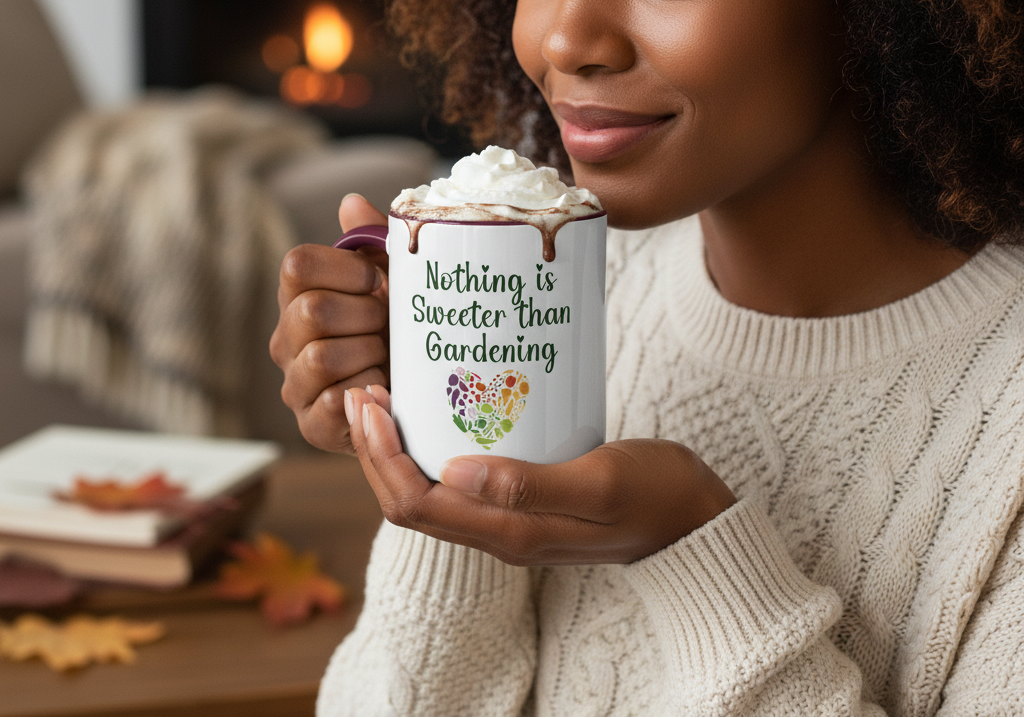 Person holding a mug with 'Nothing is Sweeter than Gardening' text and floral design.