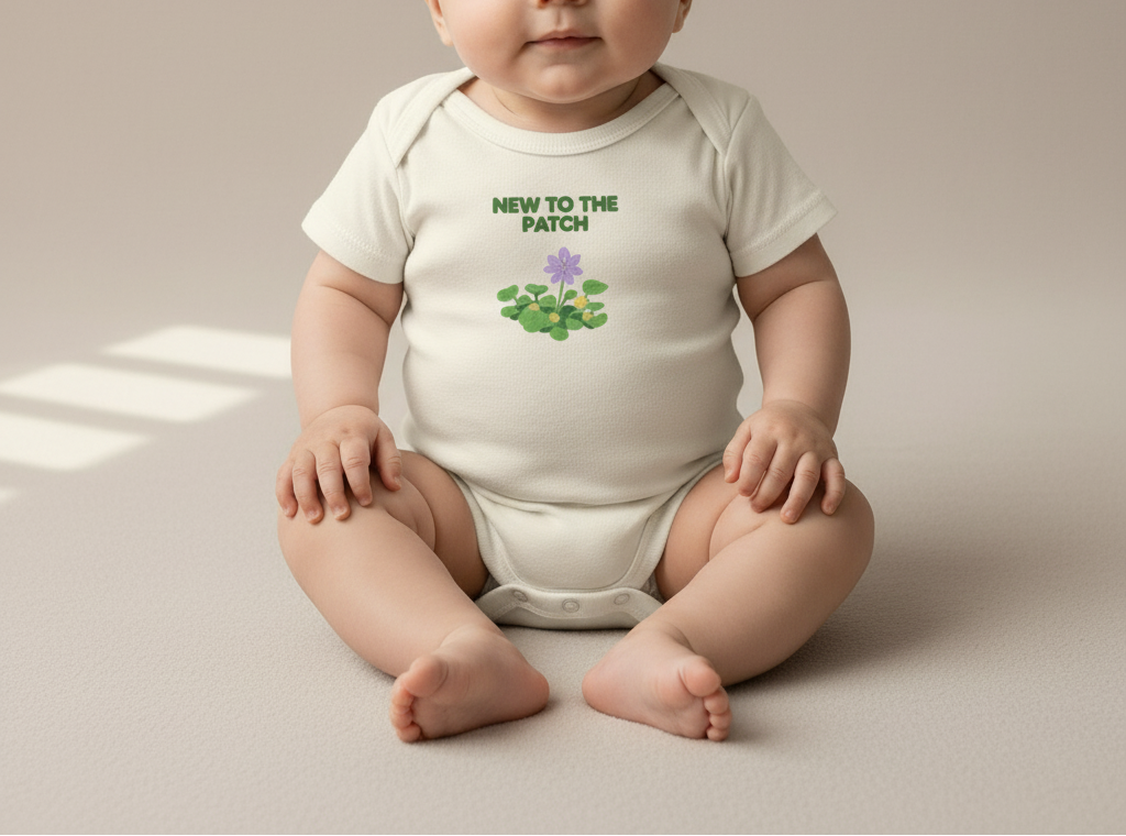 Baby wearing a onesie with 'New to the Patch' text and graphic on a neutral background
