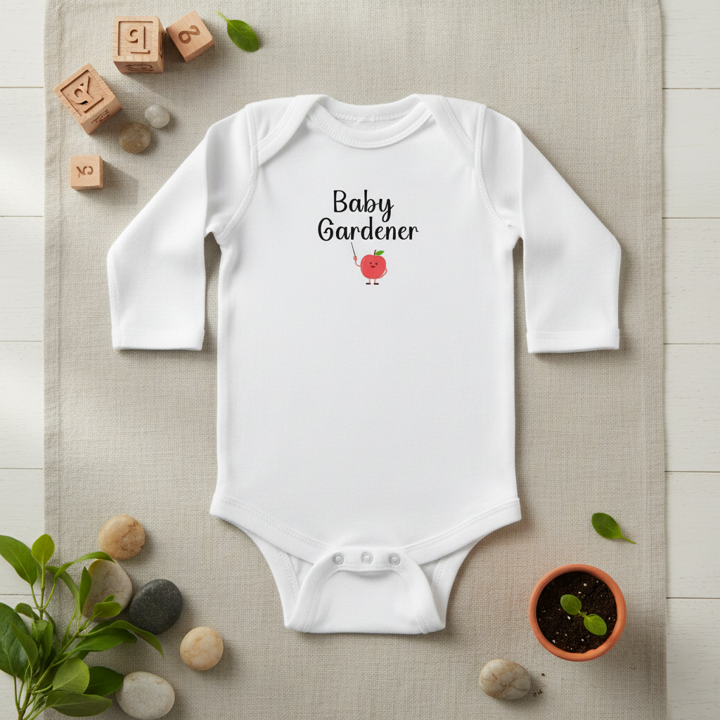 White baby onesie with 'Baby Gardener' text and apple graphic on a neutral background with gardening elements.