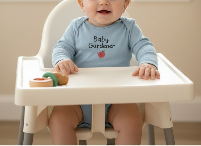 Baby in a high chair wearing a blue 'Baby Gardener' shirt with a pink flower graphic.