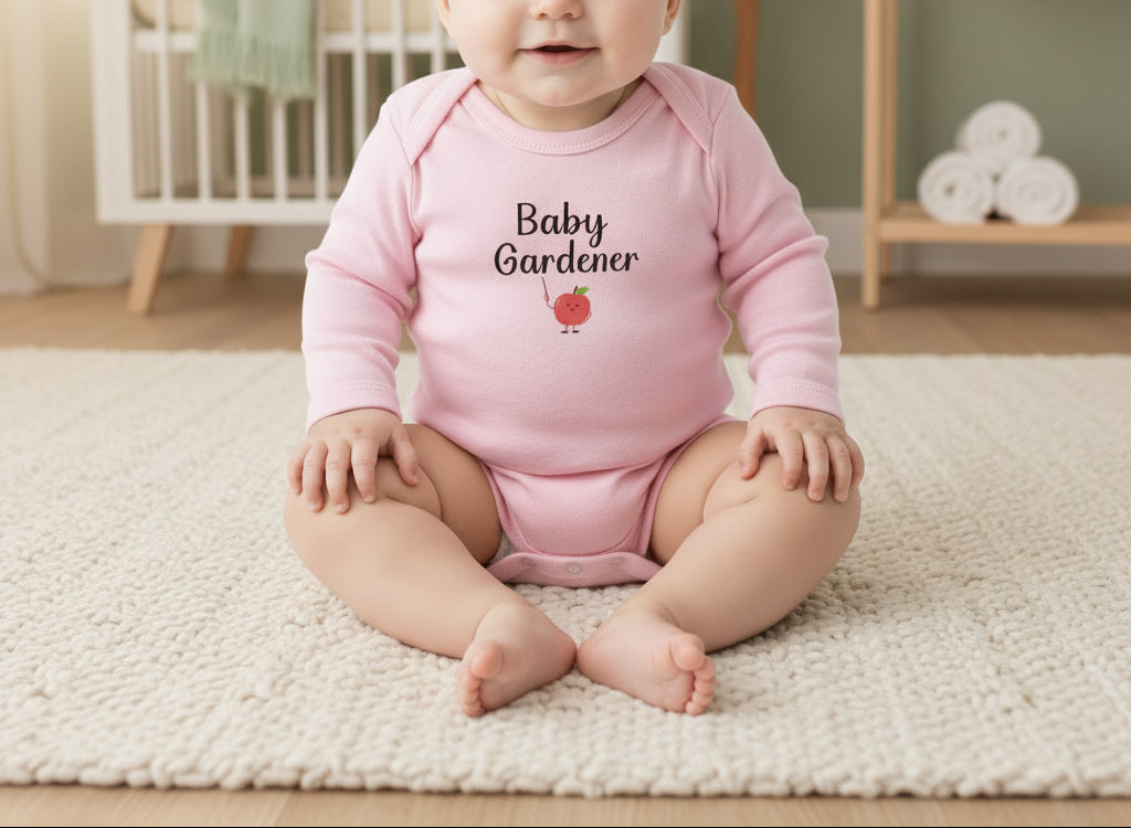 Baby wearing a pink 'Baby Gardener' onesie sitting on a carpeted floor.