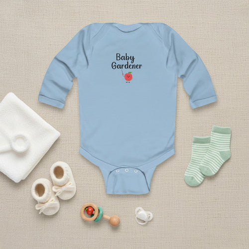 Light blue baby onesie with 'Baby Gardener' text and an apple graphic on a white background