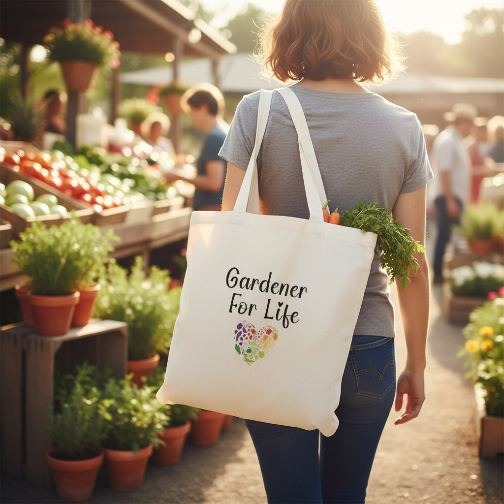 Person holding a tote bag labeled 'Gardener For Life' at an outdoor market.