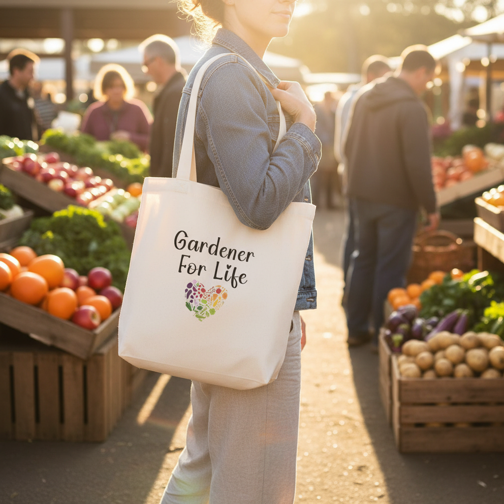 Person holding a tote bag with 'Gardener For Life' text at an outdoor market.