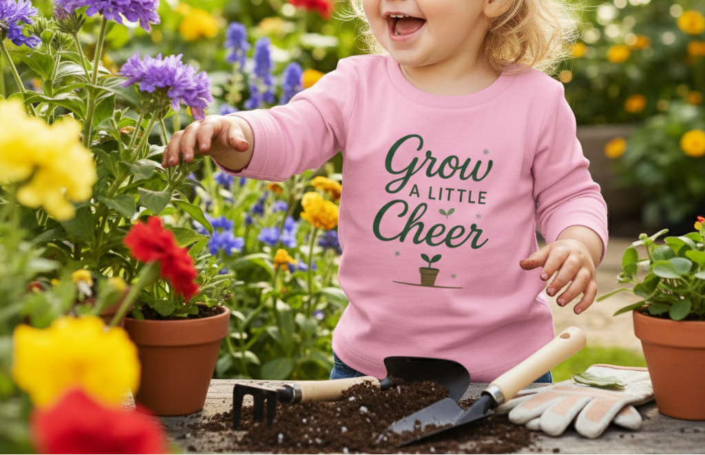 Child in a pink shirt with 'Grow a Little Cheer' text, gardening in a colorful flower garden.