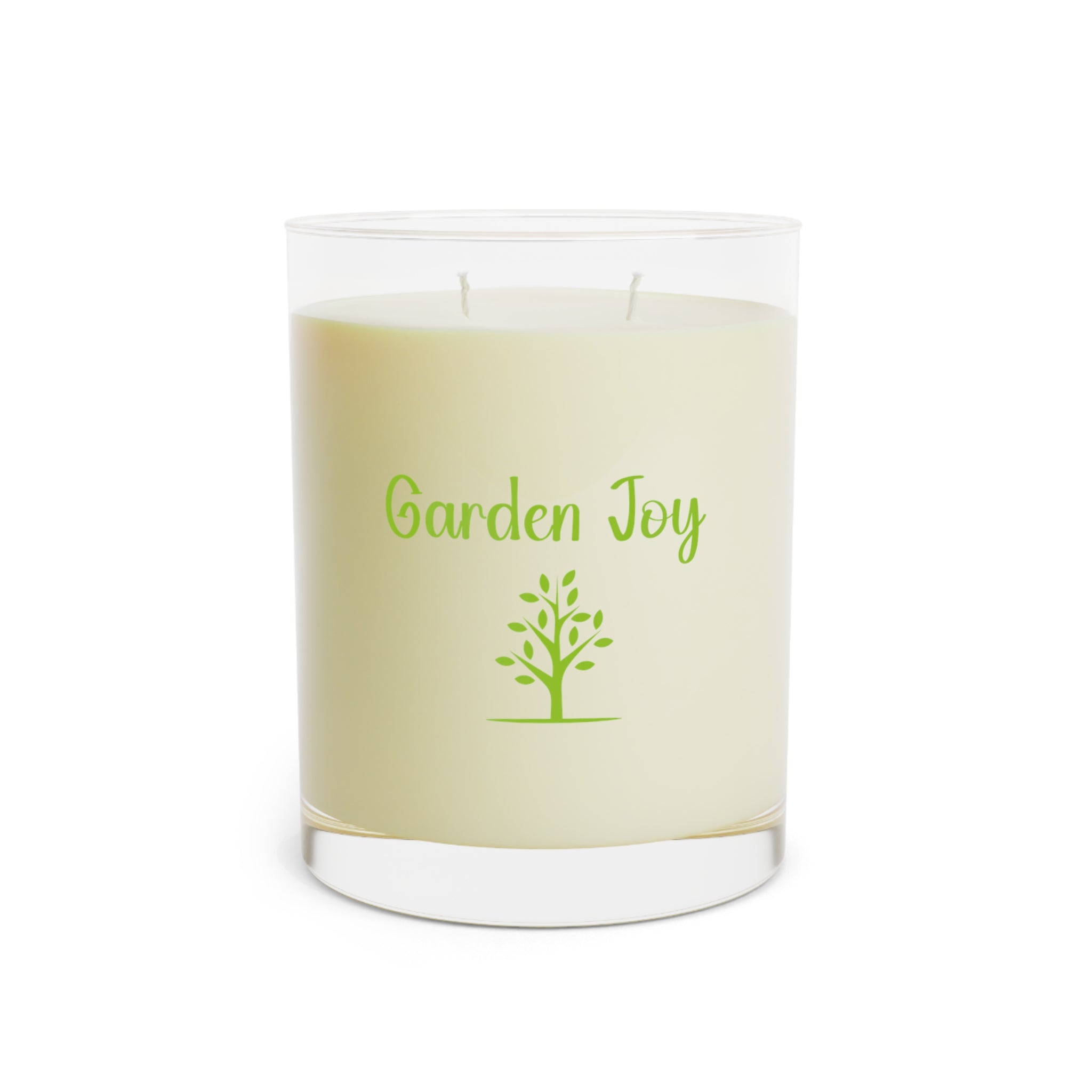 Candle with 'Garden Joy' text and tree design on a white background