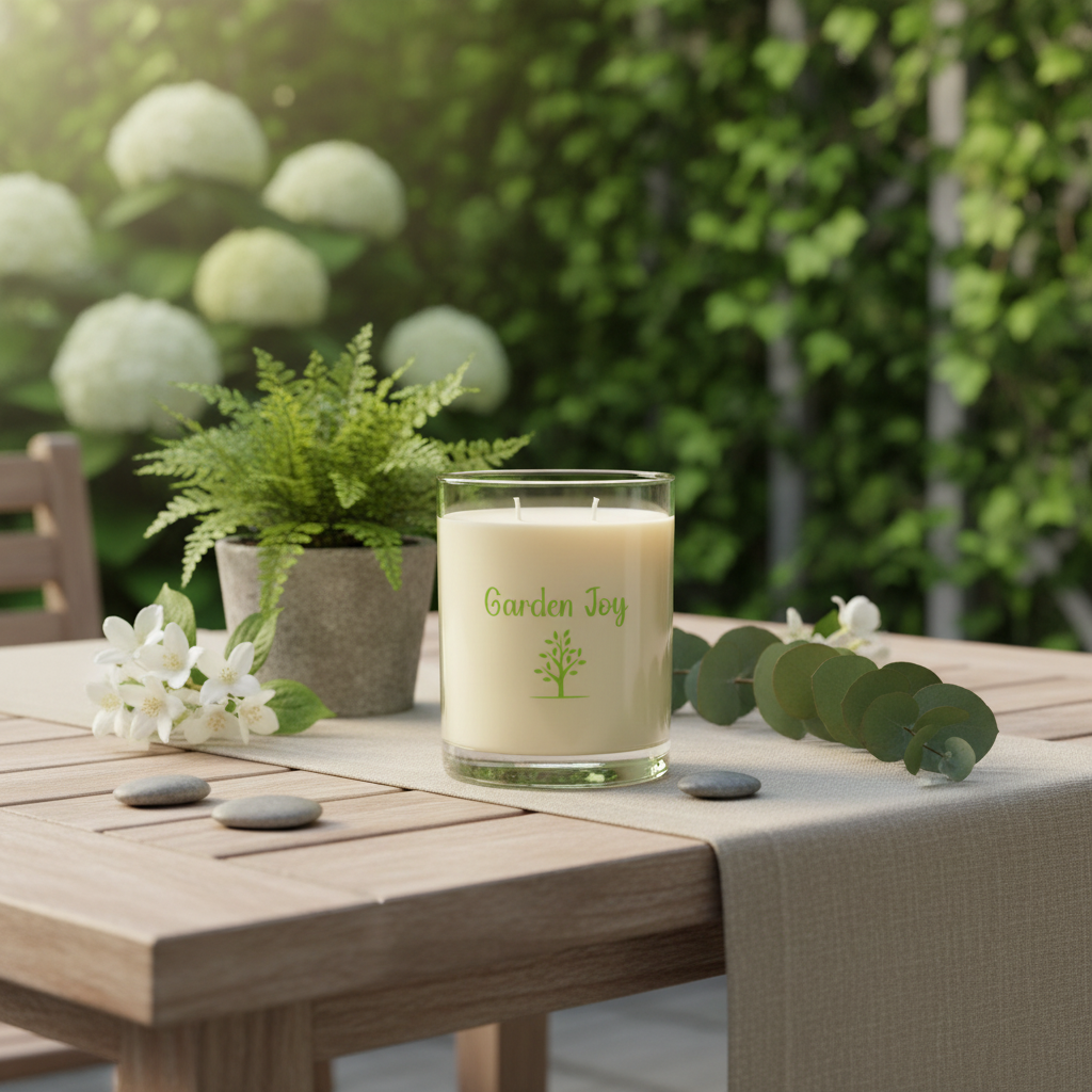 Candle labeled 'Garden Joy' on a wooden table with plants and stones in the background
