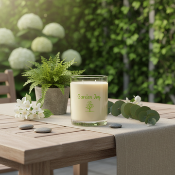 Candle labeled 'Garden Joy' on a wooden table with plants and stones in the background