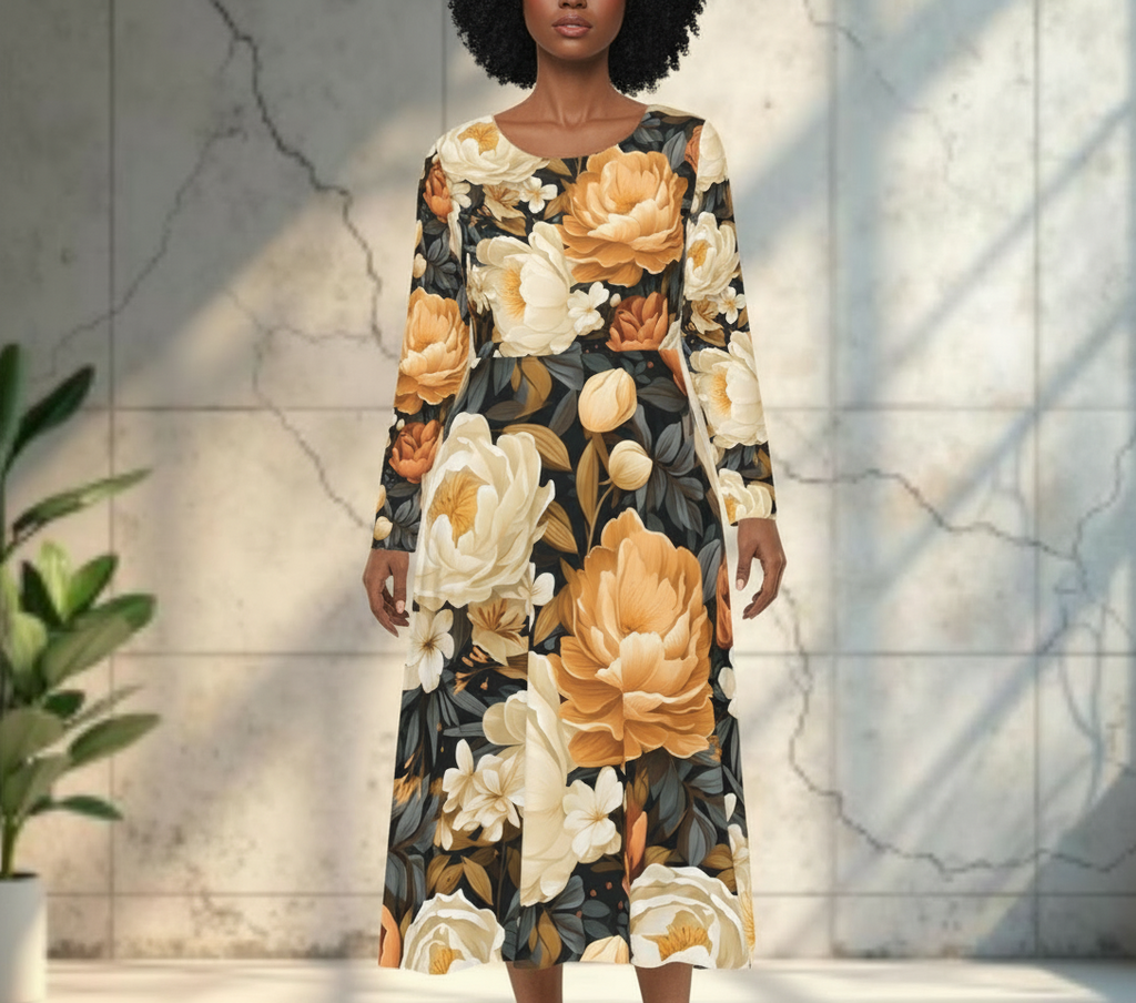 Woman wearing a floral dress with a marble wall background