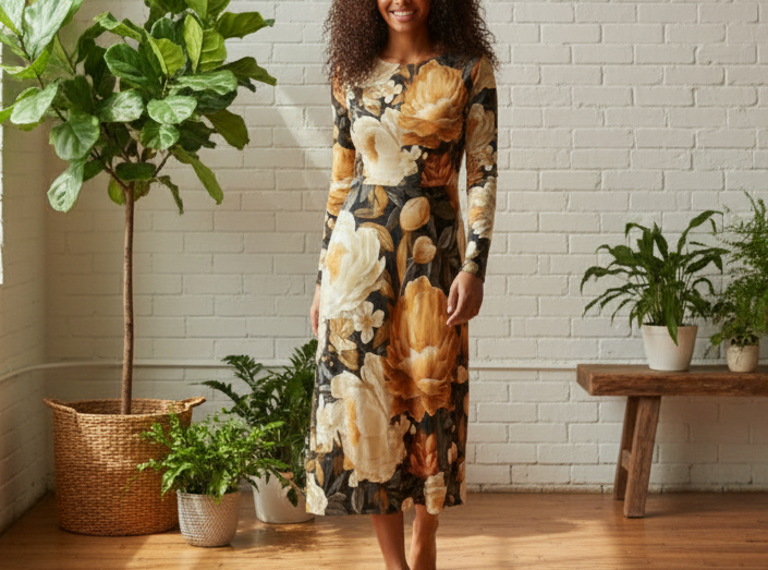 Woman in a floral dress standing in a room with plants and a white brick wall.
