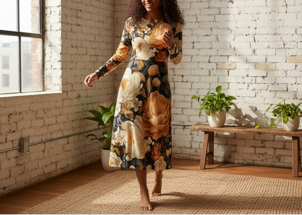 Woman in a floral dress standing in a room with plants and a white brick wall.